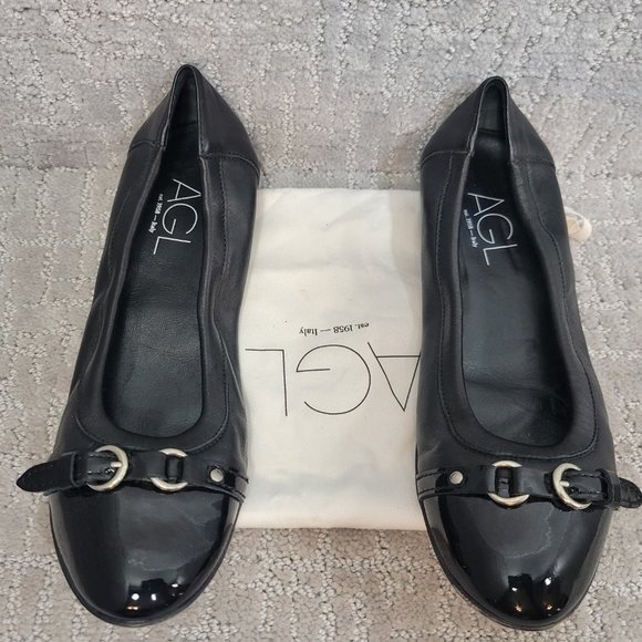 AGL Monika Womens Size 38.5 Black Cap Toe Leather Comfort Slip On Ballet Flat - Picture 1 of 10